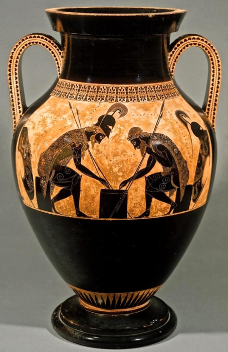 SIU Ancient Practices - vessel by Ezekias showing Achilles & Ajax playing a board game